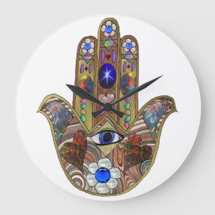 Judaica Hamsa Harten Bloemen Opal Kunstprint Grote Klok