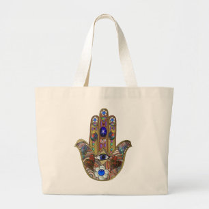 Judaica Hamsa Harten Bloemen Opal Kunstprint Grote Tote Bag