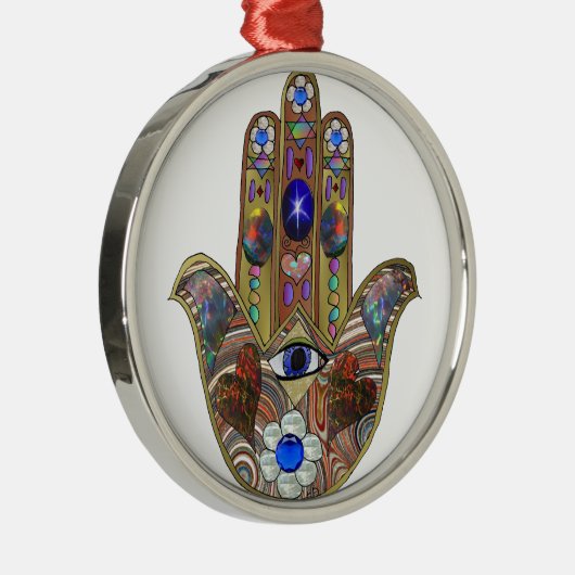 Judaica Hamsa Harten Bloemen Opal Kunstprint Metalen Ornament (Rechts)