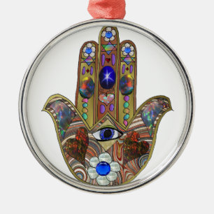Judaica Hamsa Harten Bloemen Opal Kunstprint Metalen Ornament