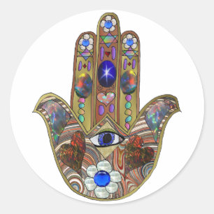 Judaica Hamsa Harten Bloemen Opal Kunstprint Ronde Sticker