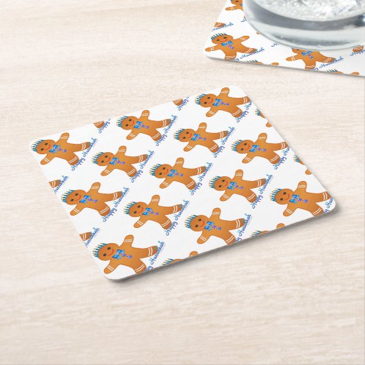 Judaica Hanukkah Gingerbrood Man Menorah Kartonnen Onderzetters (Schuin)