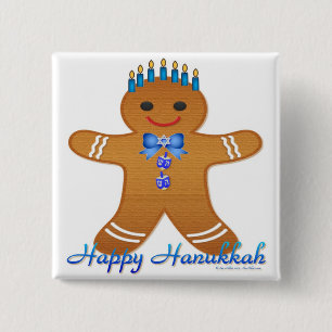 Judaica Hanukkah Gingerbrood Man Menorah Vierkante Button 5,1 Cm