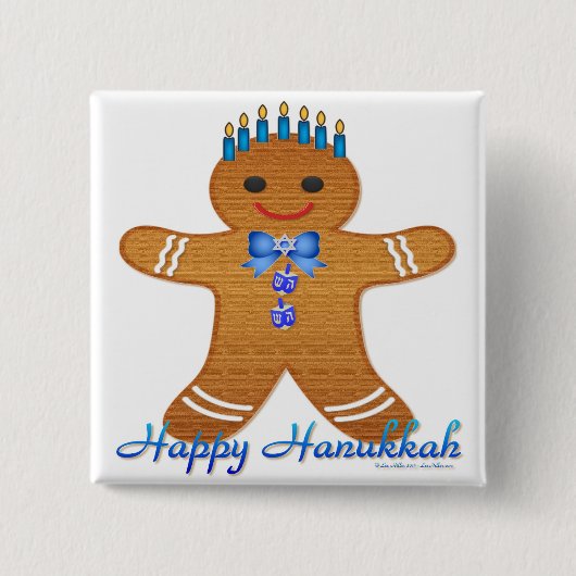Judaica Hanukkah Gingerbrood Man Menorah Vierkante Button 5,1 Cm (Voorkant)