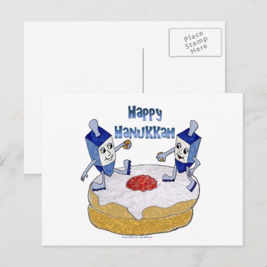 Judaica Happy Hanukkah Dancing Dreidels Doughnut Feestdagenkaart (Voorkant / Achterkant)