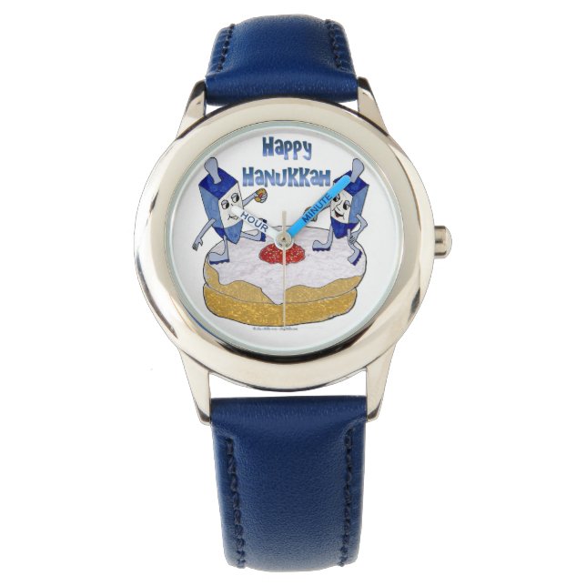 Judaica Happy Hanukkah Dancing Dreidels Doughnut Horloge (Voorkant)