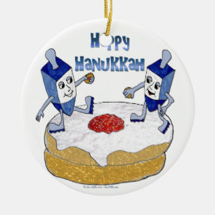 Judaica Happy Hanukkah Dancing Dreidels Doughnut Keramisch Ornament
