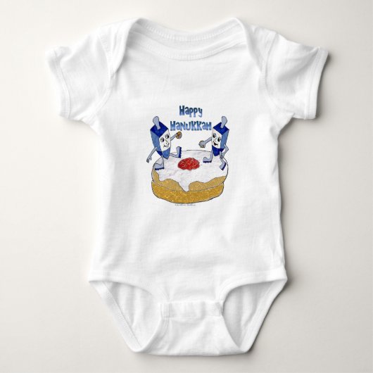 Judaica Happy Hanukkah Dancing Dreidels Doughnut Romper (Voorkant)