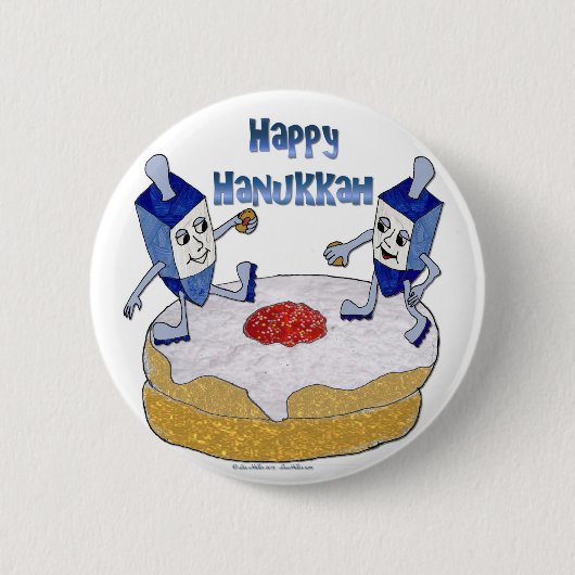 Judaica Happy Hanukkah Dancing Dreidels Doughnut Ronde Button 5,7 Cm (Voorkant)