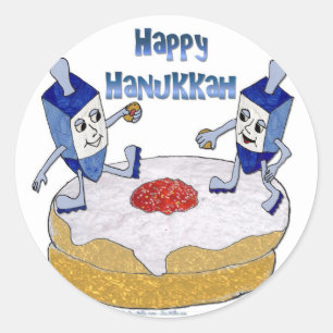 Judaica Happy Hanukkah Dancing Dreidels Doughnut Ronde Sticker