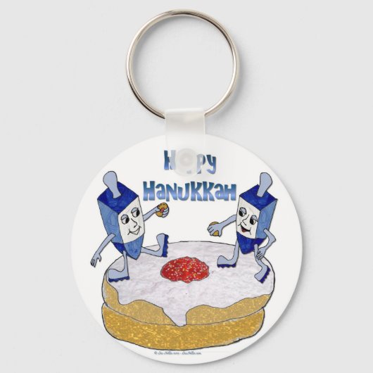 Judaica Happy Hanukkah Dancing Dreidels Doughnut Sleutelhanger (Voorkant)