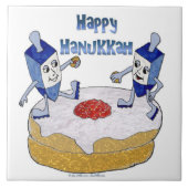 Judaica Happy Hanukkah Dancing Dreidels Doughnut Tegeltje (Voorkant)
