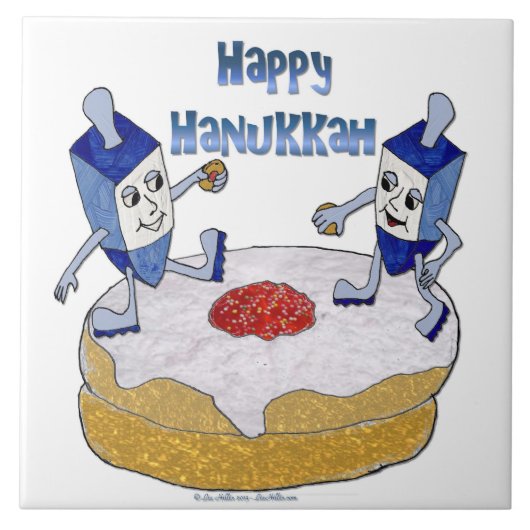 Judaica Happy Hanukkah Dancing Dreidels Doughnut Tegeltje (Voorkant)