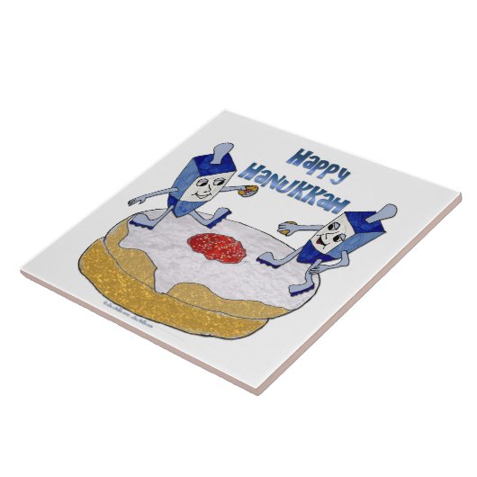 Judaica Happy Hanukkah Dancing Dreidels Doughnut Tegeltje (Zijkant)