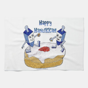 Judaica Happy Hanukkah Dancing Dreidels Doughnut Theedoek