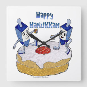 Judaica Happy Hanukkah Dancing Dreidels Doughnut Vierkante Klok