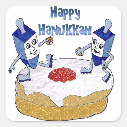 Judaica Happy Hanukkah Dancing Dreidels Doughnut Vierkante Sticker (Voorkant)