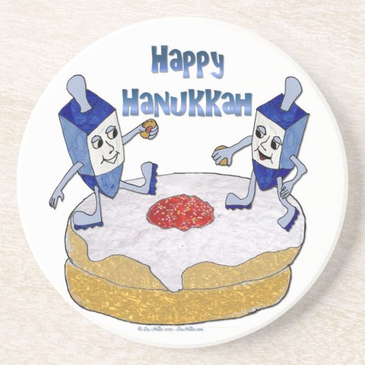 Judaica Happy Hanukkah Dancing Dreidels Doughnut Zandsteen Onderzetter (Voorkant)