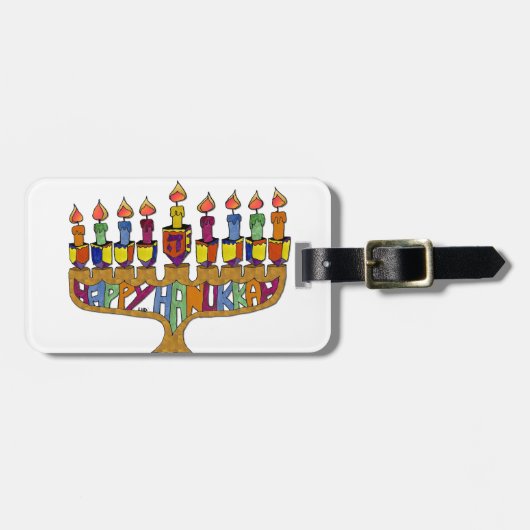 Judaica Happy Hanukkah Dreidel Menorah Bagagelabel (Voorkant horizontaal)