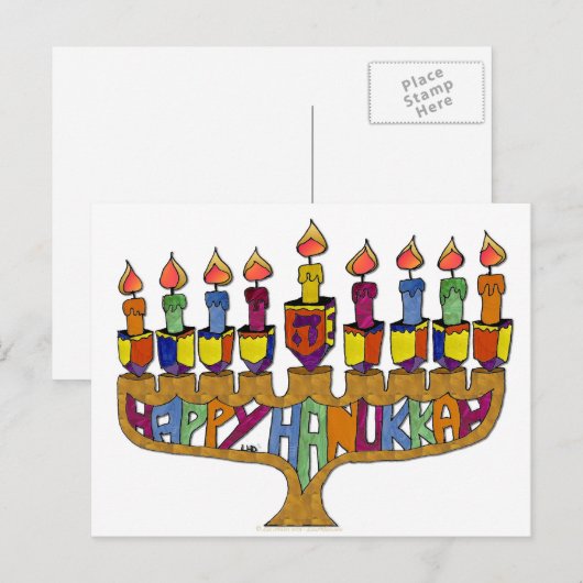 Judaica Happy Hanukkah Dreidel Menorah Feestdagenkaart (Voorkant / Achterkant)