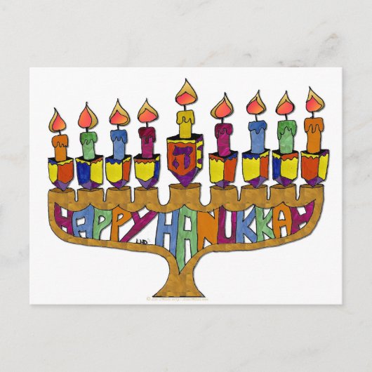 Judaica Happy Hanukkah Dreidel Menorah Feestdagenkaart (Voorkant)