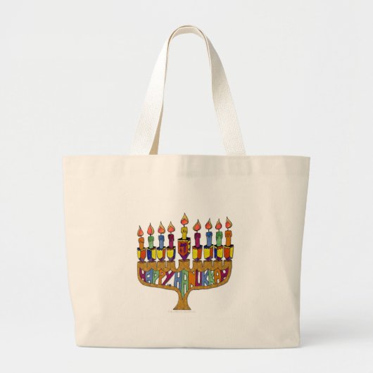 Judaica Happy Hanukkah Dreidel Menorah Grote Tote Bag (Voorkant)