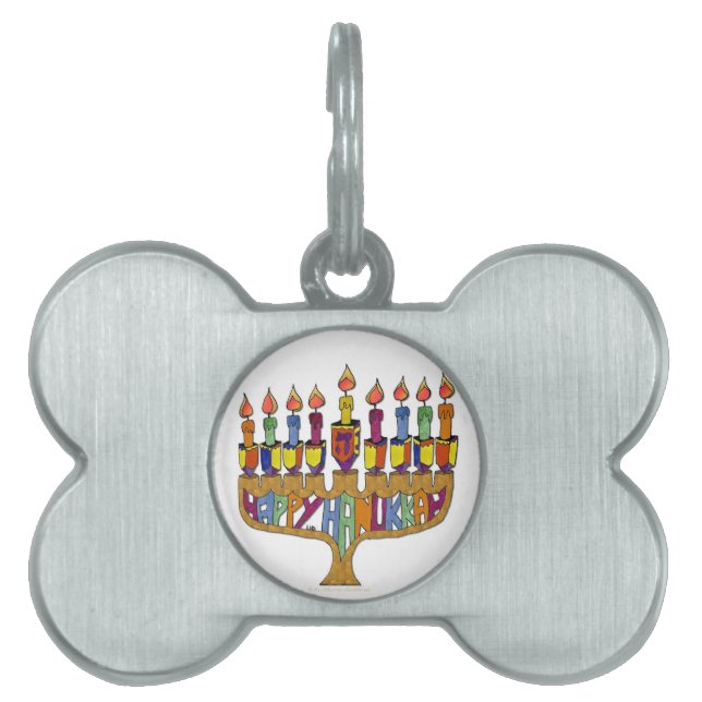 Judaica Happy Hanukkah Dreidel Menorah Huisdieren Naamplaatje (voorkant)