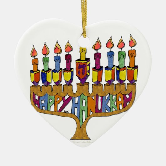 Judaica Happy Hanukkah Dreidel Menorah Keramisch Ornament (Voorkant)