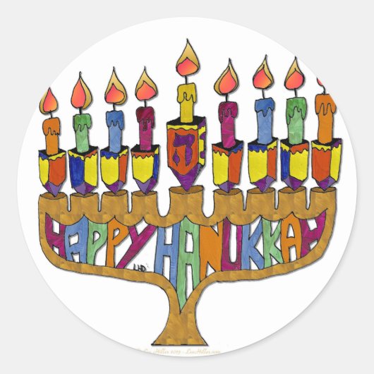 Judaica Happy Hanukkah Dreidel Menorah Ronde Sticker (Voorkant)
