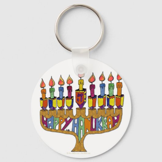 Judaica Happy Hanukkah Dreidel Menorah Sleutelhanger (Voorkant)