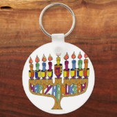 Judaica Happy Hanukkah Dreidel Menorah Sleutelhanger (Voorkant)