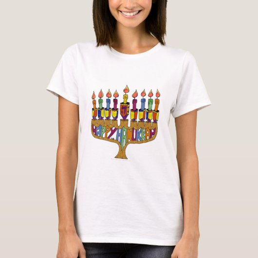 Judaica Happy Hanukkah Dreidel Menorah T-shirt (Voorkant)