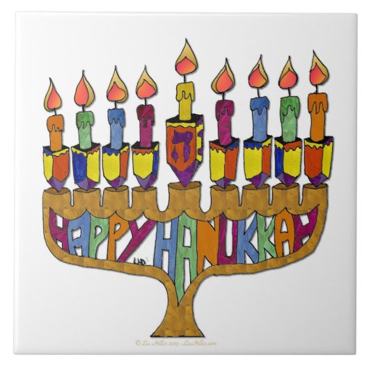 Judaica Happy Hanukkah Dreidel Menorah Tegeltje (Voorkant)
