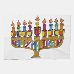 Judaica Happy Hanukkah Dreidel Menorah Theedoek