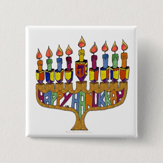 Judaica Happy Hanukkah Dreidel Menorah Vierkante Button 5,1 Cm (Voorkant)
