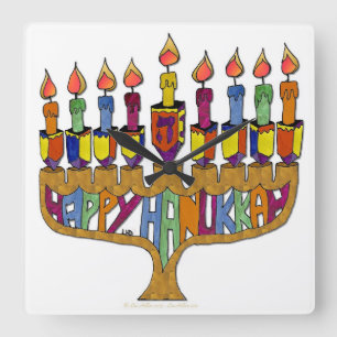 Judaica Happy Hanukkah Dreidel Menorah Vierkante Klok