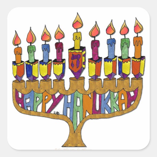 Judaica Happy Hanukkah Dreidel Menorah Vierkante Sticker (Voorkant)
