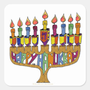 Judaica Happy Hanukkah Dreidel Menorah Vierkante Sticker