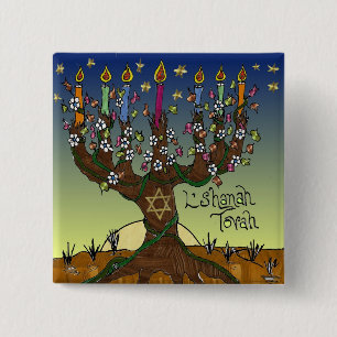 Judaica L'shanah Tovah Tree of Life Gifts Apparel Vierkante Button 5,1 Cm