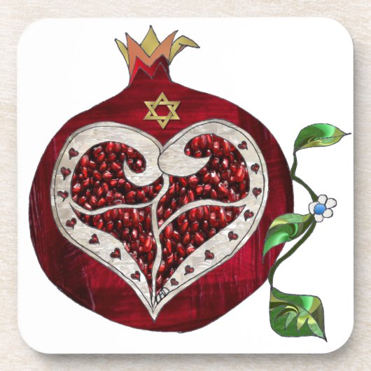 Judaica Pomegranate Heart Hanukkah Rosh Hashanah Bier Onderzetter (Voorkant)