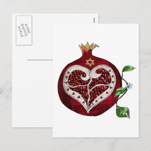 Judaica Pomegranate Heart Hanukkah Rosh Hashanah Feestdagenkaart (Voorkant / Achterkant)