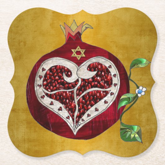 Judaica Pomegranate Heart Hanukkah Rosh Hashanah Kartonnen Onderzetters (Voorkant)
