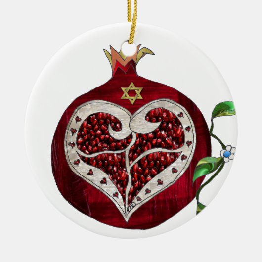 Judaica Pomegranate Heart Hanukkah Rosh Hashanah Keramisch Ornament (Voorkant)