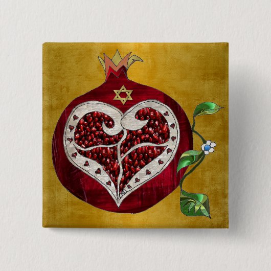 Judaica Pomegranate Heart Hanukkah Rosh Hashanah Vierkante Button 5,1 Cm (Voorkant)