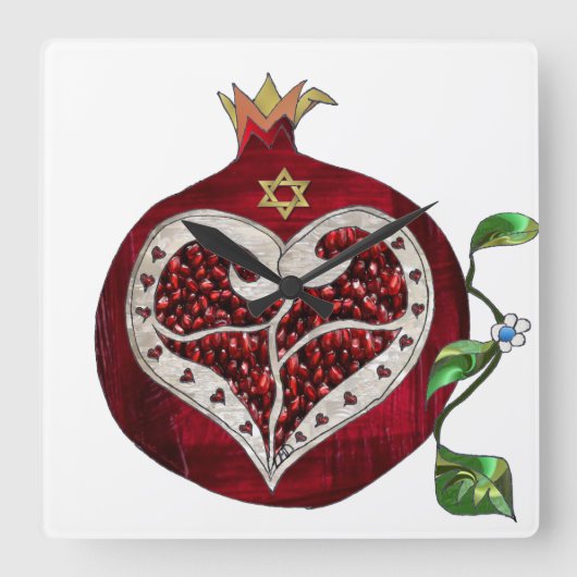 Judaica Pomegranate Heart Hanukkah Rosh Hashanah Vierkante Klok (Voorkant)