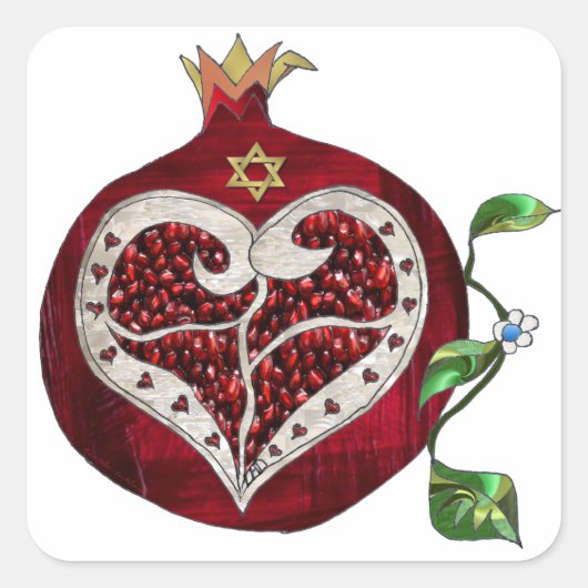 Judaica Pomegranate Heart Hanukkah Rosh Hashanah Vierkante Sticker (Voorkant)