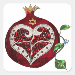 Judaica Pomegranate Heart Hanukkah Rosh Hashanah Vierkante Sticker