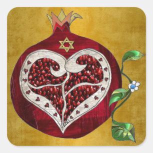 Judaica Pomegranate Heart Hanukkah Rosh Hashanah Vierkante Sticker