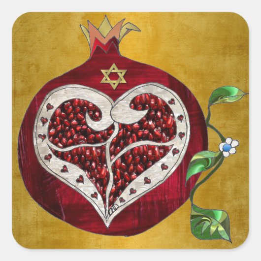 Judaica Pomegranate Heart Hanukkah Rosh Hashanah Vierkante Sticker (Voorkant)
