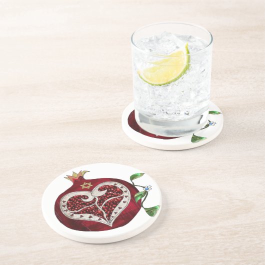 Judaica Pomegranate Heart Hanukkah Rosh Hashanah Zandsteen Onderzetter (Zijkant)